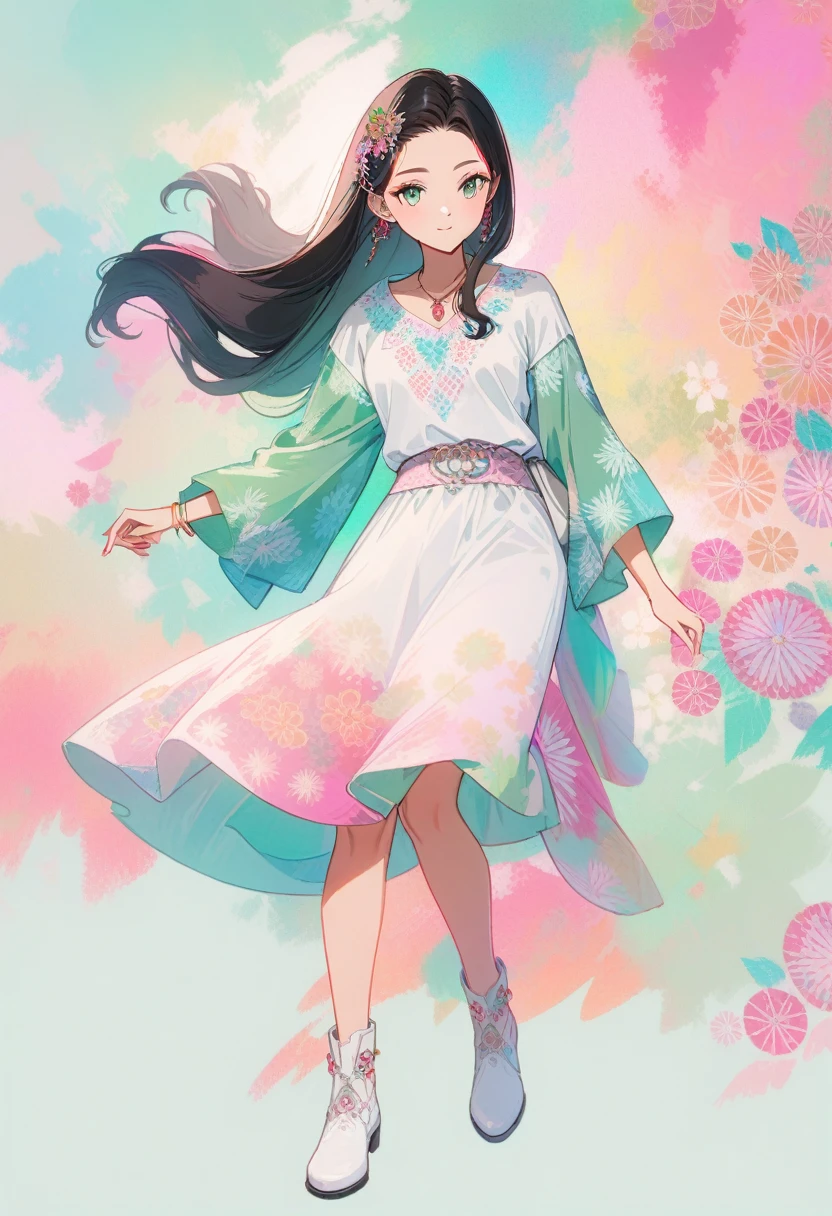 8K full body photo of a beautiful Indonesian woman.   Long hair is colored light blue, pink and white, and decorated with several other colors such as pink and green.   His facial features are clear and precise, and reflect the artistic and creative touch of trendy casual clothing.   The batik background contains an interesting mix of art with bright colors, giving a modern and beautiful impression.