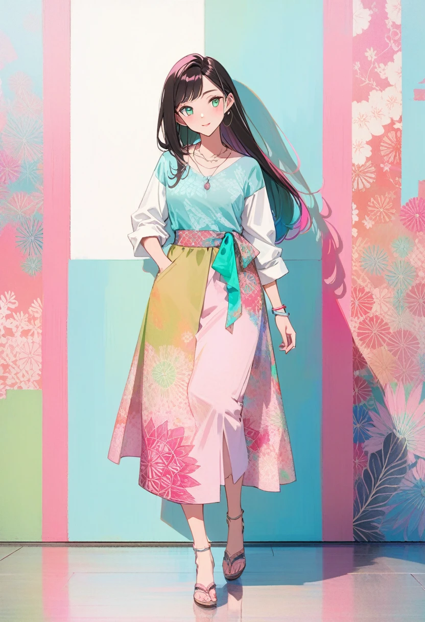 8K full body photo of a beautiful Indonesian woman. Long hair is colored light blue, pink and white, and decorated with several other colors such as pink and green. His facial features are clear and precise, and reflect the artistic and creative touch of trendy casual clothing. The batik background contains an interesting mix of art with bright colors, giving a modern and beautiful impression.