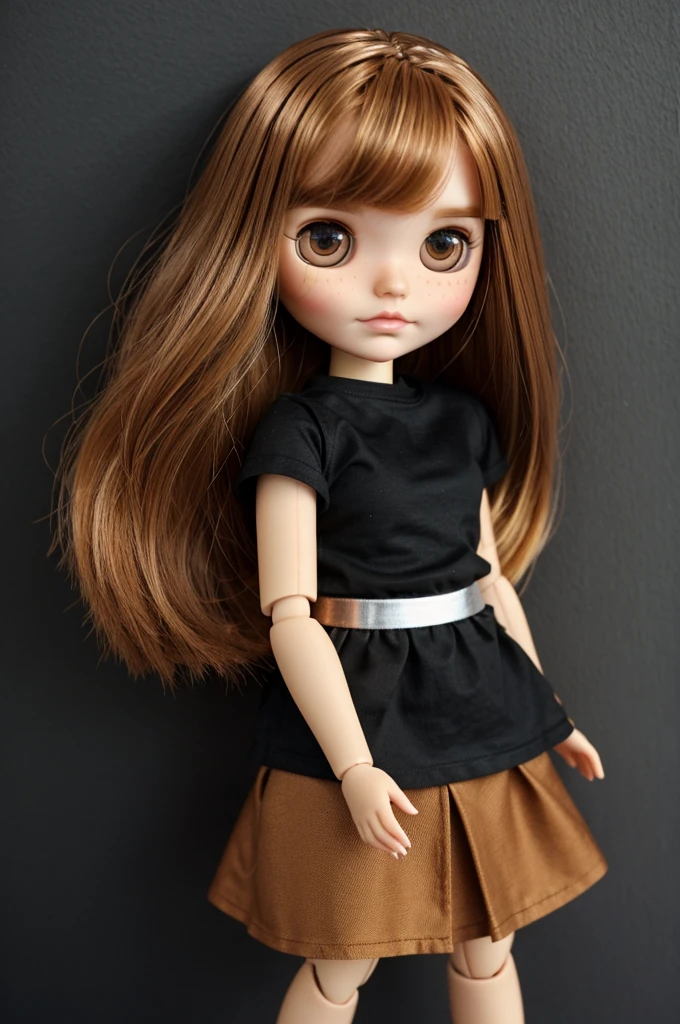 blythe doll with copper blonde straight hair without bangs and also with dark brown eyes and freckles dressed in a black skirt and black t-shirt