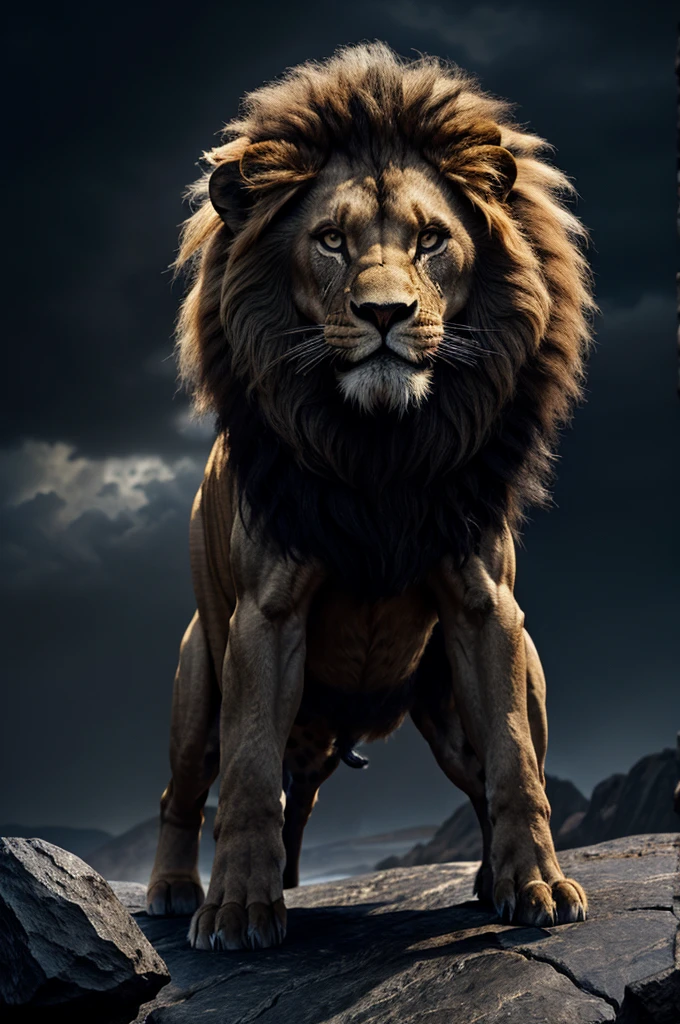 A lion King standing on black Rock roaring (( background black sky)) ((intricate scene)) (( intricate details)) (( muscular body)) 