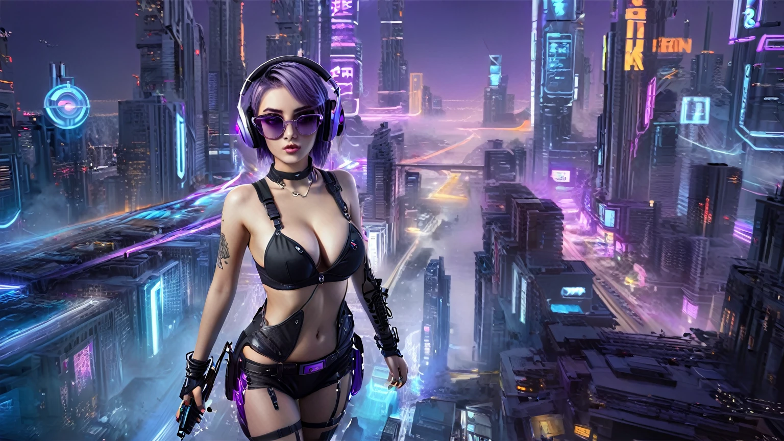 masterpiece, best quality, high resolution, 8k, (Portrait Photos:1.5), (R Original Photo), real picture, Digital Photography, (A fusion of cyberpunk and fantasy), 20 year old girl, solo, (((black sunglasses, headphone))), Feel free to hairstyle, Purple Eyes, By Bangs, (large breasts, cleavage, Accessories, Elegant and charming, Combination of cyberpunk and fantasy style clothing, Hollow carving design, Photo poses, Realistic style, (((((pistol shooting pose))))), oc render reflection texture, sentry, (((((Cyberpunk style future city))))), night, Bustling streets, (((((half-body (thigh level) medium shot))))).