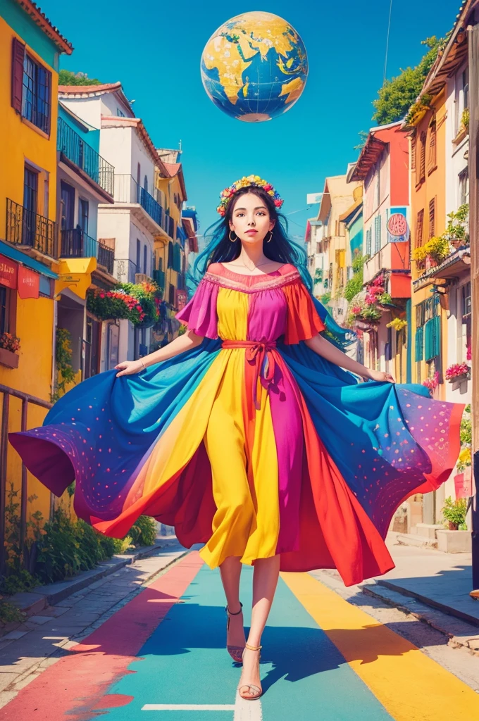 Create a book cover in the form of an illustration where a woman in a colorful dress walks on the globe in a very colorful image