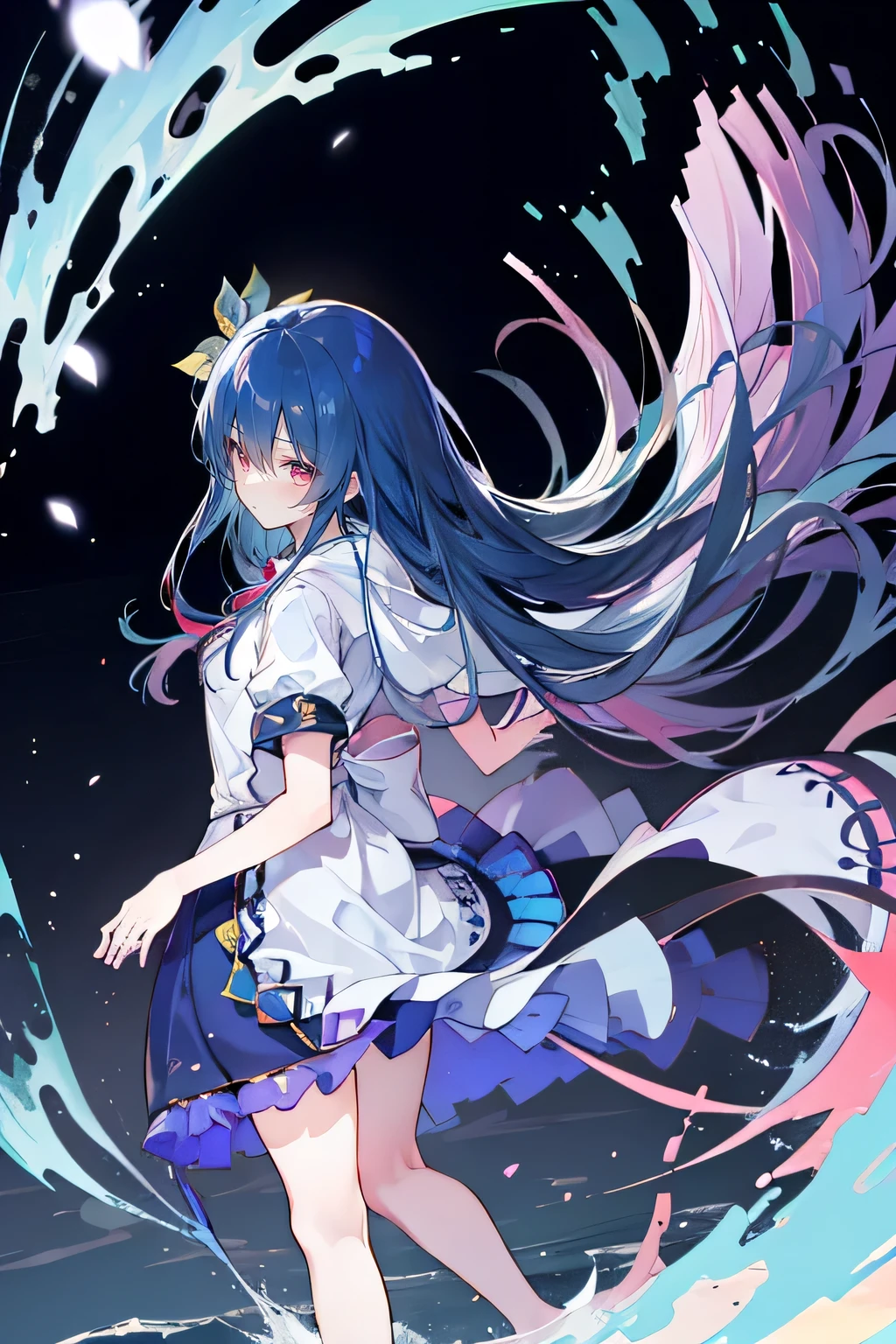 （masterpiece：1.2），Super detailed，lifelike，Expressive eyes，fair skin，perfect face shape，1 girl，
Japanese comics,Gorgeous blue hair,flowing blue hair,flowing clothes,Petals fall,beautiful lola,Baby Angel,
Shaking head with one hand，Cross your legs，Gentle and peaceful background，The pavilion is cool and comfortable,smile, wearing hoodie, background of tokyo,back views,snowing, winter,lie on the water. dark blue gradient hair,asymmetrical hair,（（Hair is very thick 1.8，Chiseled hair 1.6））， Hair over the shoulders, Messy hair, Very long hair, shiny hair，(long dark blue hair:1.2),A beautiful girl，（Transparent clothes transparent 1.8），Perfect body，Big thin legs，slender，(Looks very sad，Looks haggard ，sadness，shut your mouth：1.2） Against the backdrop of an unusually bright dark starry sky，（Put your hands behind your back），（round,Room, Strong breasts），barefoot，float，water surface，（long legs，long legs，long legs，Complete）