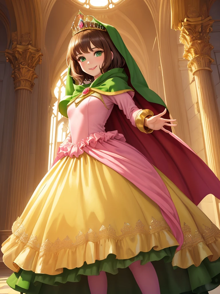 masterpiece, best quality:1.2), 1girl, smile, looking at viewer, green eyes, short brown hair, princess, princess dress, wearing puffy pink ballgown reaching the floor, green cloak cape, golden tiara with veil, standing in ballroom of medieval castle