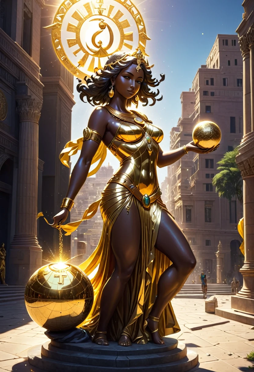 lose-up of the statue of Themis holding a glowing golden ball with the zodiac sign LIBRA splash of art, in the middle of a deserted Egyptian city, dark lighting, shadow, reflections, sun glare
