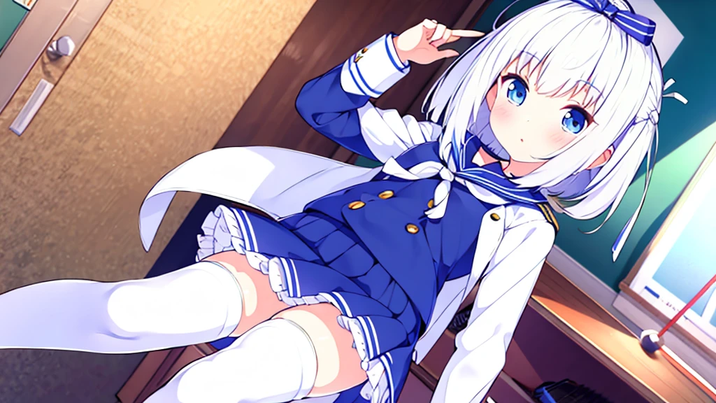 1 white-haired girl with ribbon decorations on her head, blue eyes in school mini skirt Women with white stockings at home