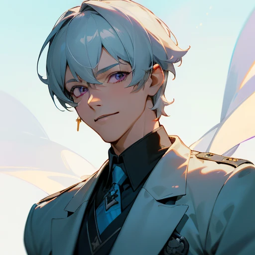 Clean, Handsome man , gray hair , very very short hair , purple eyes , light skin , mature man , pale skin , muscular, masculine, tall , 35 years old , smiling mischievously, Neck tattoo in free western style, refreshing sea, pirate, light blue and white, Michael Kreese, Uniform, Michael Husar, white background
(masterpiece, best quality:1.3),beautiful detailed glow,illuminates best,(((best quality,Fabric shades,ultra detailed))),extremely detailed CG unity 8k wallpaper,매우 detailed 아름답고 미적,The best light,high resolution,detailed,dynamic lighting , 1 character , Pastel faded colors , cell shade , soft, muted shades ,soft 색상 ,