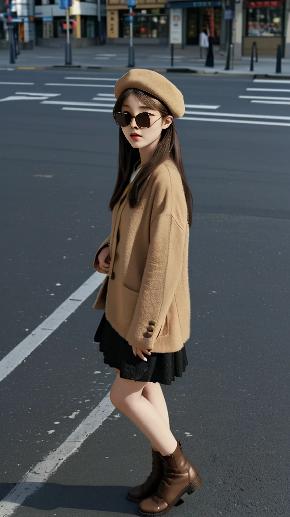 One girl,Cute Japanese,Brown Hair,masterpiece,Textured skin,high quality,Surrealism,Put on a beret,In the afternoon,On a street corner,Wear brown sunglasses