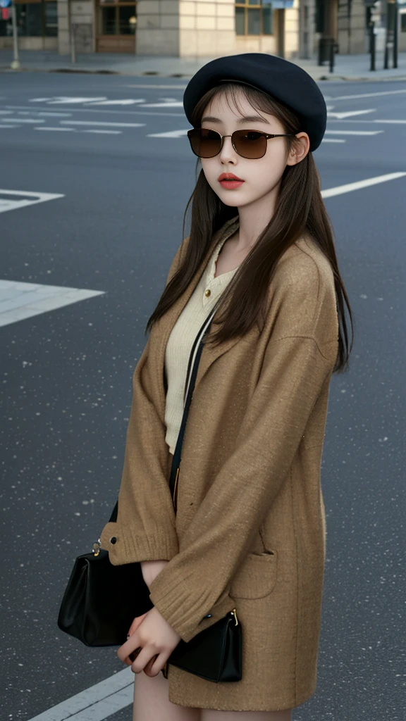 One girl,Cute Japanese,Brown Hair,masterpiece,Textured skin,high quality,Surrealism,Put on a beret,In the afternoon,On a street corner,Wear brown sunglasses
