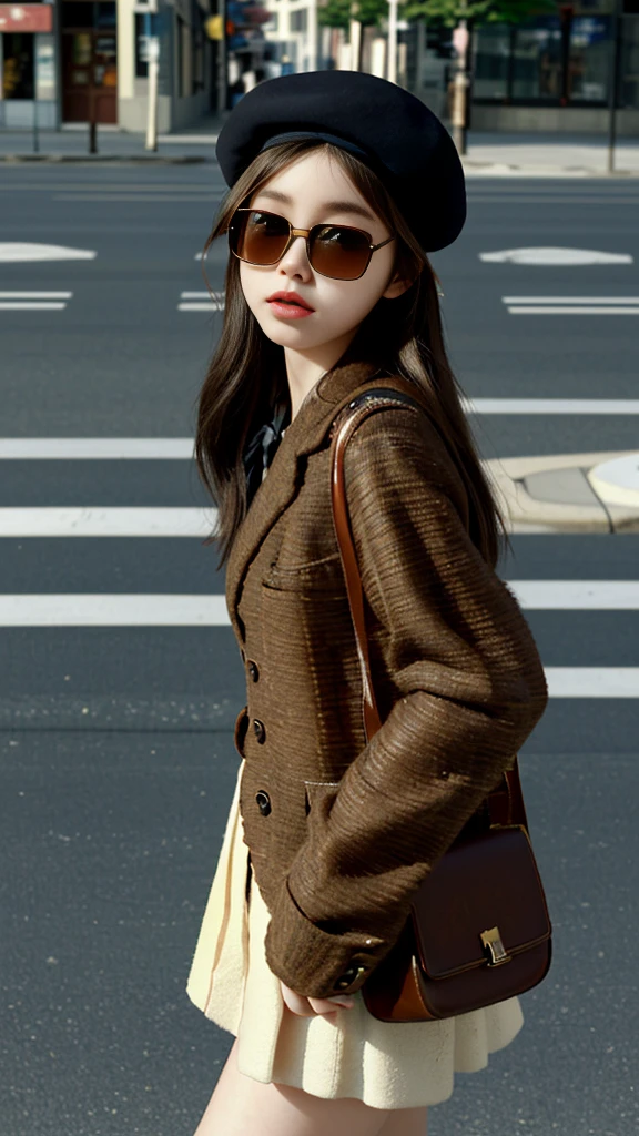 One girl,Cute Japanese,Brown Hair,masterpiece,Textured skin,high quality,Surrealism,Put on a beret,In the afternoon,On a street corner,Wear brown sunglasses
