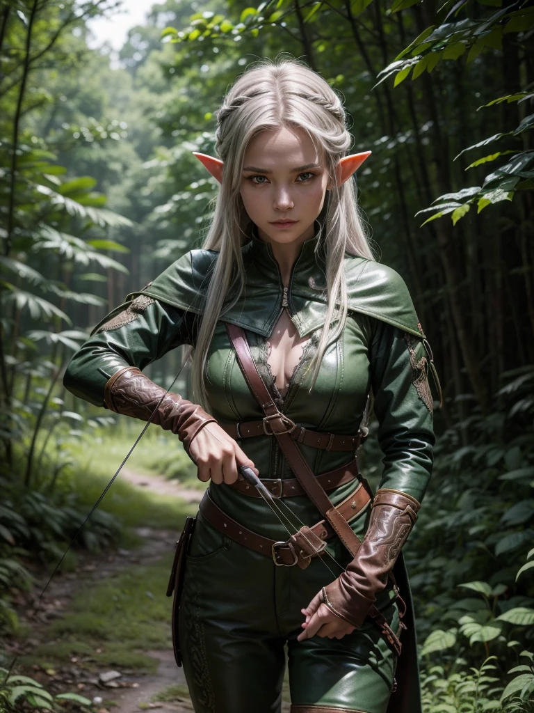 The elf is a skilled and gracefully agile archer, with silver hair and deep green eyes that reflect her connection to nature. Dressed in light clothing in shades of green and brown, she carries an ebony wrist crossbow, expertly carved with patterns of leaves and branches. Her skill with the crossbow is precise and deadly, equipped with poisoned arrows and a leather glove that provides stability. As a hunter and guardian of the forests, she protects her home with unparalleled determination and dexterity.