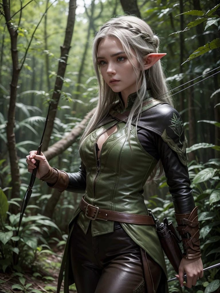 The elf is a skilled and gracefully agile archer, with silver hair and deep green eyes that reflect her connection to nature. Dressed in light clothing in shades of green and brown, she carries an ebony wrist crossbow, expertly carved with patterns of leaves and branches. Her skill with the crossbow is precise and deadly, equipped with poisoned arrows and a leather glove that provides stability. As a hunter and guardian of the forests, she protects her home with unparalleled determination and dexterity.
