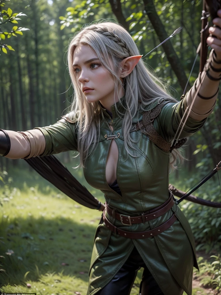 The elf is a skilled and gracefully agile archer, with silver hair and deep green eyes that reflect her connection to nature. Dressed in light clothing in shades of green and brown, she carries an ebony wrist crossbow, expertly carved with patterns of leaves and branches. Her skill with the crossbow is precise and deadly, equipped with poisoned arrows and a leather glove that provides stability. As a hunter and guardian of the forests, she protects her home with unparalleled determination and dexterity.