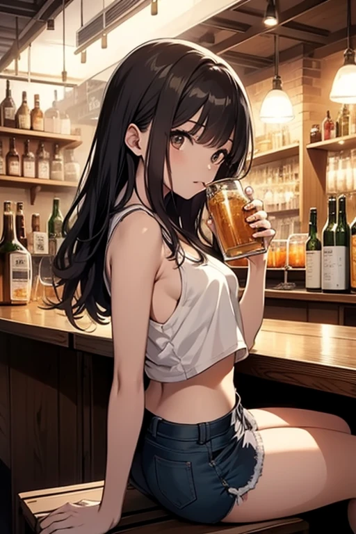 create an anime girl in a black miniskirt with white underwear 26 years old sitting on a bench wearing a low-cut blouse, white woman in tank tops and holding a jar of beer in a luxurious bar landscape