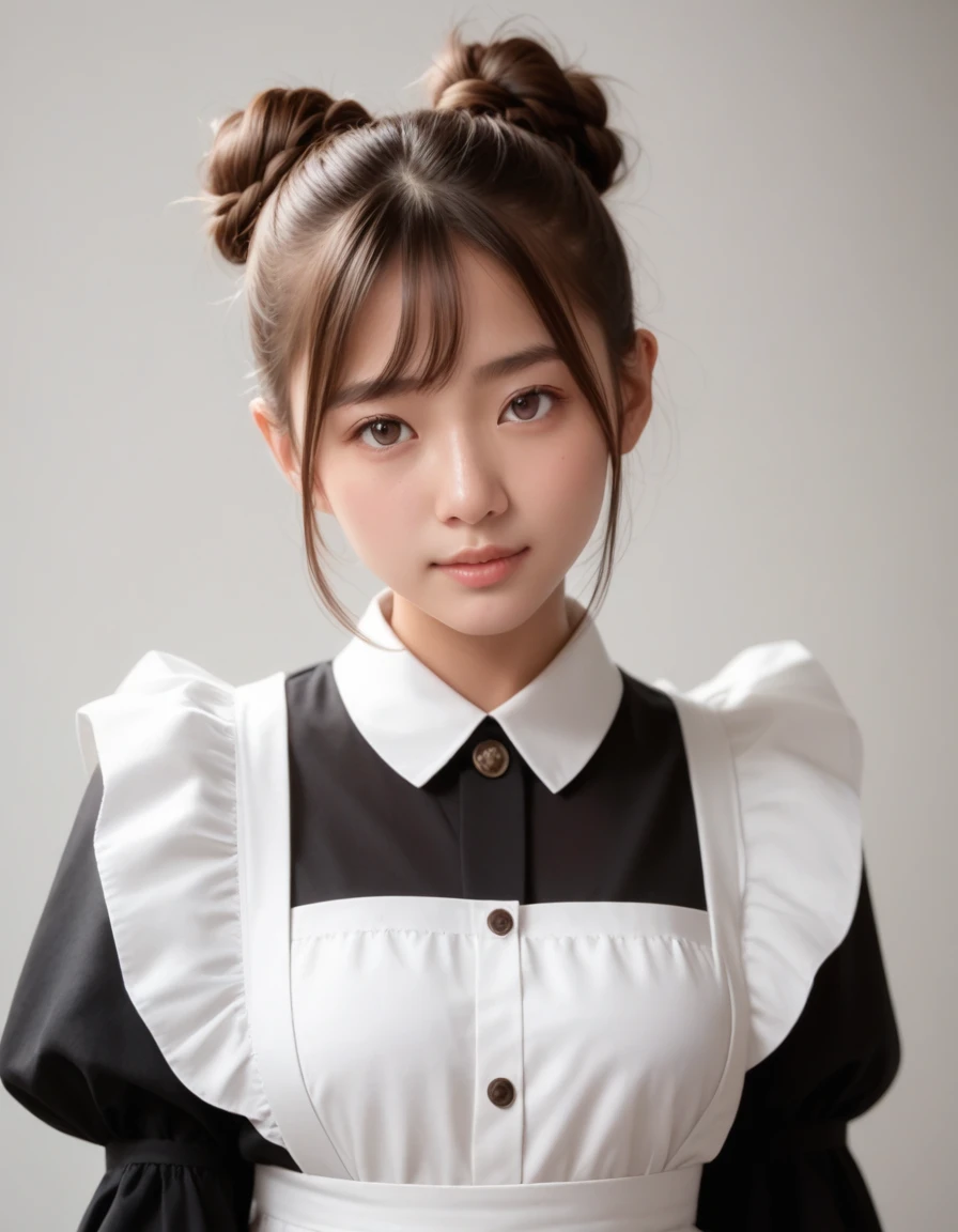 One girl, alone,
(Highest quality:1.0),(masterpiece:1.0),Photorealism,
Cowboy Shot,
(Brown Hair:1.1), (Brown eyes),
Braided bun hair,
(Medium chest:1.1),
thin,
break
(Japanese:1.2),
(Maid clothes:1.2),Maid&#39;s Headdress , Maid Apron,Frills,Puffy sleeves,indoor,
A light smile,
18-year-old,,