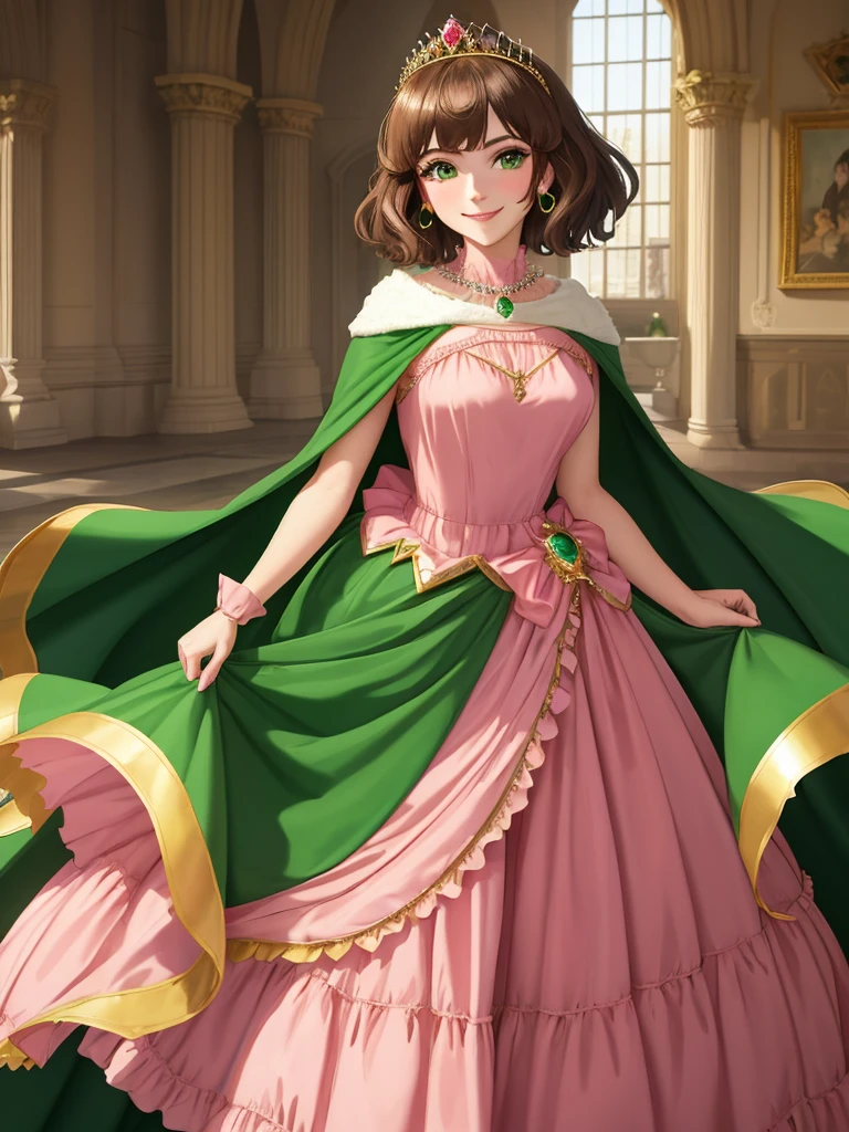 masterpiece, best quality:1.2), 1girl, smile, looking at viewer, green eyes, short brown hair, princess, princess dress, wearing puffy pink ballgown reaching the floor, green cloak cape, golden tiara with veil, standing in ballroom of medieval castle