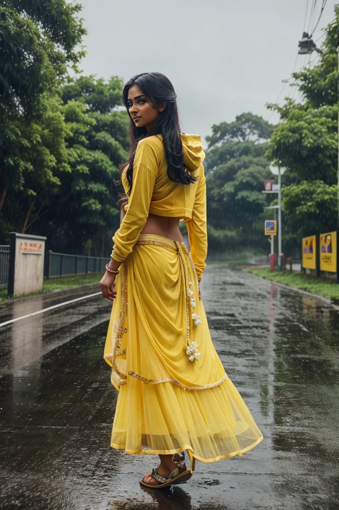 Realistic Indian 21 Year old cute boy proposing on with 16 year beautiful girl in yellow lehenga the road with an and a flower on, wearing a yellow hoodie with name "Basu" Asr name "Sanjeevni" write on it, after rain and no Boys, beautiful lonely picture, pretty girl standing in the rain, so happy picture, profile pic, rainy weather, beautiful realistic photo, ultra realistic picture, rainy day, very beautiful photo, hype realistic photo. It is raining