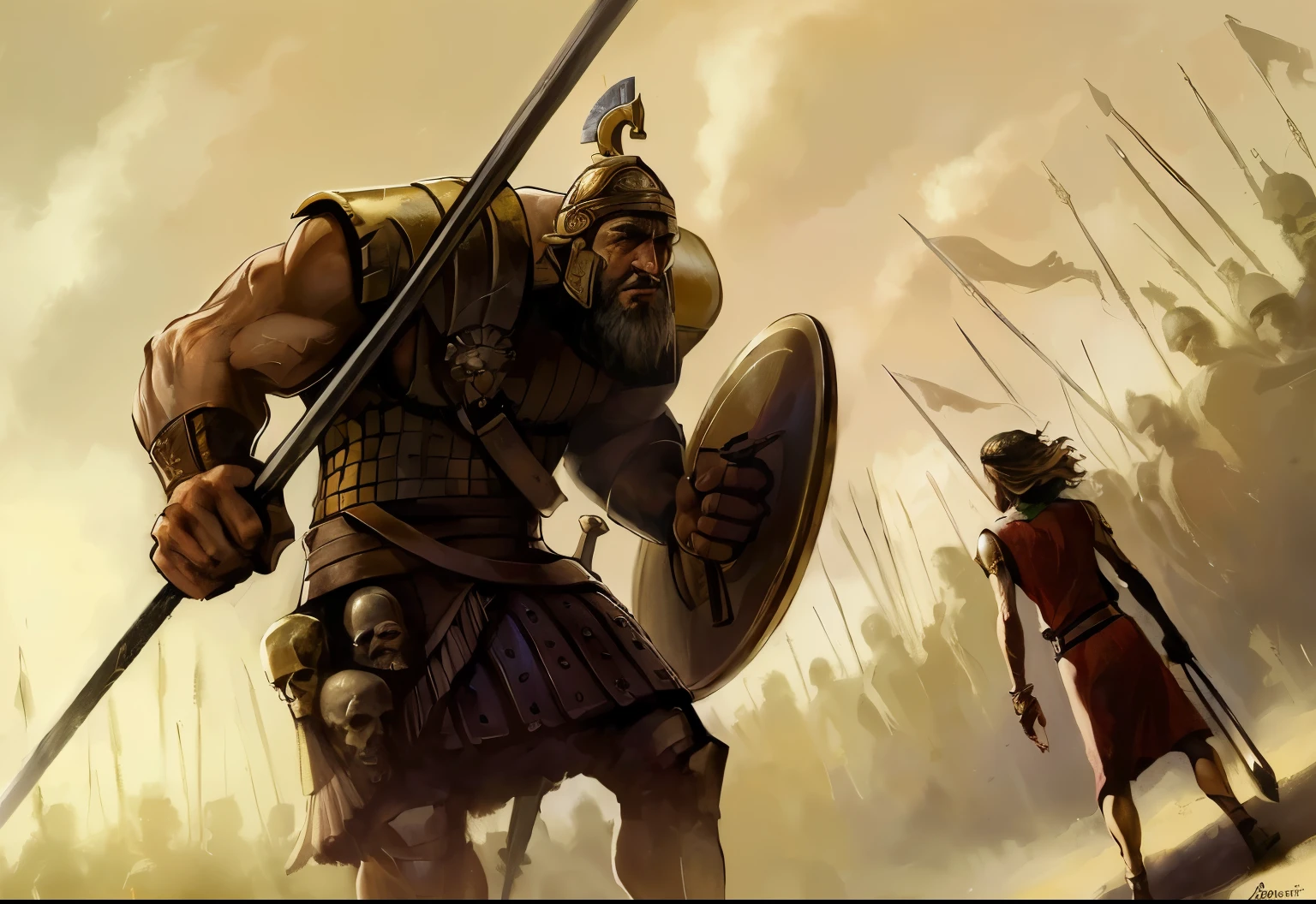 there is a man holding a sword and shield walking with a woman, goliath painting, David y Goliath, Lt. Artur Tarnowski, ancient mesopotamian warrior, epic biblical representation, by Roman Bezpalkiv, Lt. Adam Marczyński, ancient soldier, epic battle scene, Lt. Darek Zabrocki, leading a battle, by Jason Felix