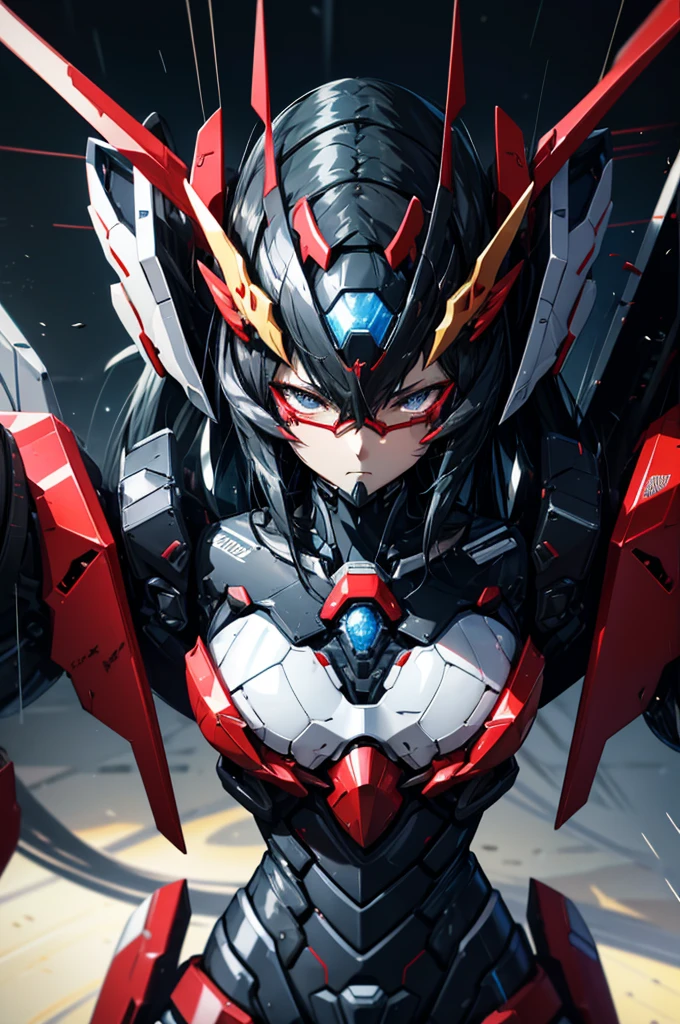 Blood Sea Style，Aesthetic masterpiece，best quality，denim lenseull body image，Caustic lines，reflector，Ray Tracing，Network Effects,(1.Flat-chested girl:1.4)，Royal sisters style，wear glasses,Solitary,Solitary，Mechanical Parts,joint,Single Robotic Arm,,Black Mecha Body,fully armed ，This is a science fiction，Black Mecha，The abdomen is covered with thick armor.，Geometric Armor，Very long hair,Black Hair color hair , Hair between the eyes, Black Hair, Waist-length hair，black eyes, ,Super cool action Zhan Lpo rain long view，The main colors are red and black