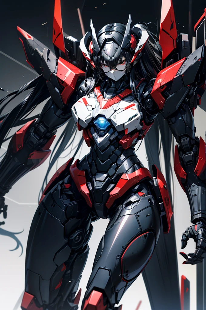 Blood Sea Style,Aesthetic masterpiece,best quality,denim lenseull body image,Caustic lines,reflector,Ray Tracing,Network Effects,(1.Flat-chested girl:1.4),Royal sisters style,wear glasses,Solitary,Solitary,Mechanical Parts,joint,Single Robotic Arm,,Black Mecha Body,fully armed ,This is a science fiction,Black Mecha,The abdomen is covered with thick armor.,Geometric Armor,Very long hair,Black Hair color hair , Hair between the eyes, Black Hair, Waist-length hair,black eyes, ,Super cool action Zhan Lpo rain long view,The main colors are red and black