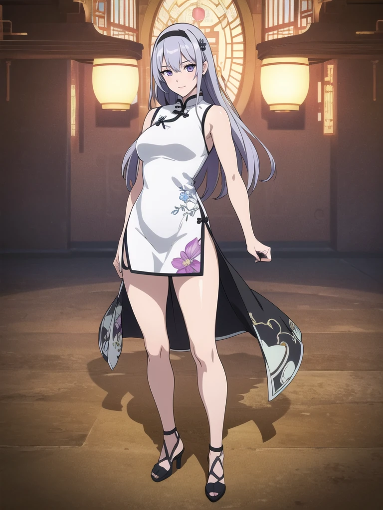 (1girl, solo), (full body:1.5), full-body shot, ((standing)), (perfect anatomy, perfect hands, perfect legs, perfect body), beautiful body, natural proportions BREAK

(((extremely detailed face))), (beautiful detailed eyes:1.6), (realistic pupils, realistic iris:1), expressive eyes, looking at viewer, (clear eyes:1.3), (hyperrealistic:1.2), (detailed skin texture:1.2), smooth skin, ((purple eyes)), ((silver hair)), silver hair with blue tips, long hair, (hairband:1.3), ((black hairband)), bangs, ((hair ornament)), (smile), blush, large , (detailed lips:1.3), (attractive lips:1.2), (glossy lips:1) BREAK

((a sexy wn dressed in a mini qipao dress)), qipao, ((white qipao:1.5)), (mini qipao:1.5), dress, ((china dress)), (mini dress:1.5), (bare legs:1.3), ((chinese clothes)), ((high slit qipao)), thighs, ass visibthrough thighs, ((bare shoulders)), high heels BREAK

(minimal background:1.1), (simple background:1.1) BREAK

(masterpiece:1.5), anime-style, top quality, best quality, (beautiful and aesthetic:1.4), (ultra detail:1.5), Ultra-detailed depiction, Ultra-precise depiction, extremely detailed 8k illustration, high resolution, (highly detailed shading:1.4), (realistic lighting:1.5), perfect lighting, vibrant colors, dynamic tones, striking hues, 8k, absurd resolution, perfect shadows, hdr, UHD, ambient lighting, realistic, ultra-realistic, photo realistic, highly detailed, rich detail, luminous colors, fine texture, intricate design, professional illustration, (soft light:1.3), (illustration:0.8), (detailed background:1.3)