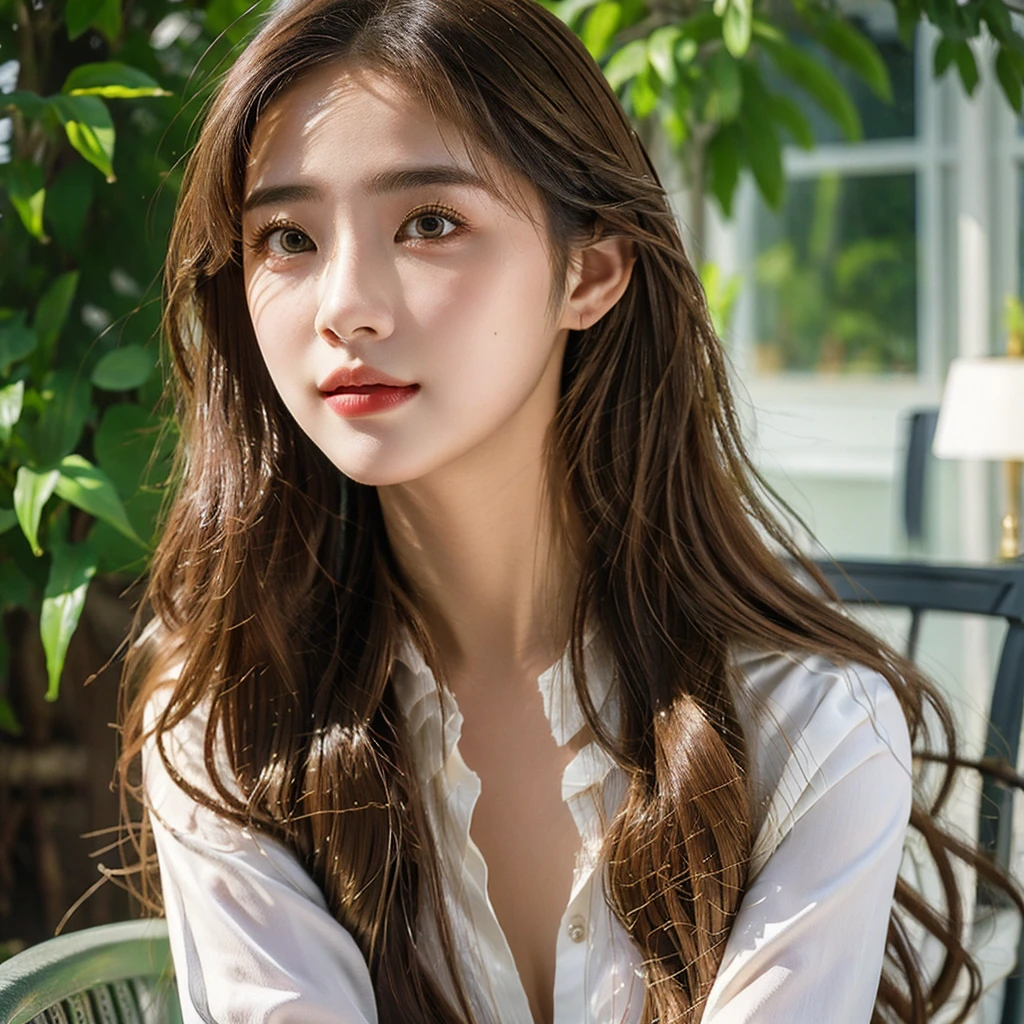 (masterpiece, best quality:1.2), 1girl, (full body 2), zoom out , solo, beautiful detailed eyes, beautiful detailed lips, extremely detailed face and portrait, long eyelashes, young woman, serene expression, flowing hair, outdoor office, lush greenery, sunlight, warm color tones, cinematic lighting, photorealistic
