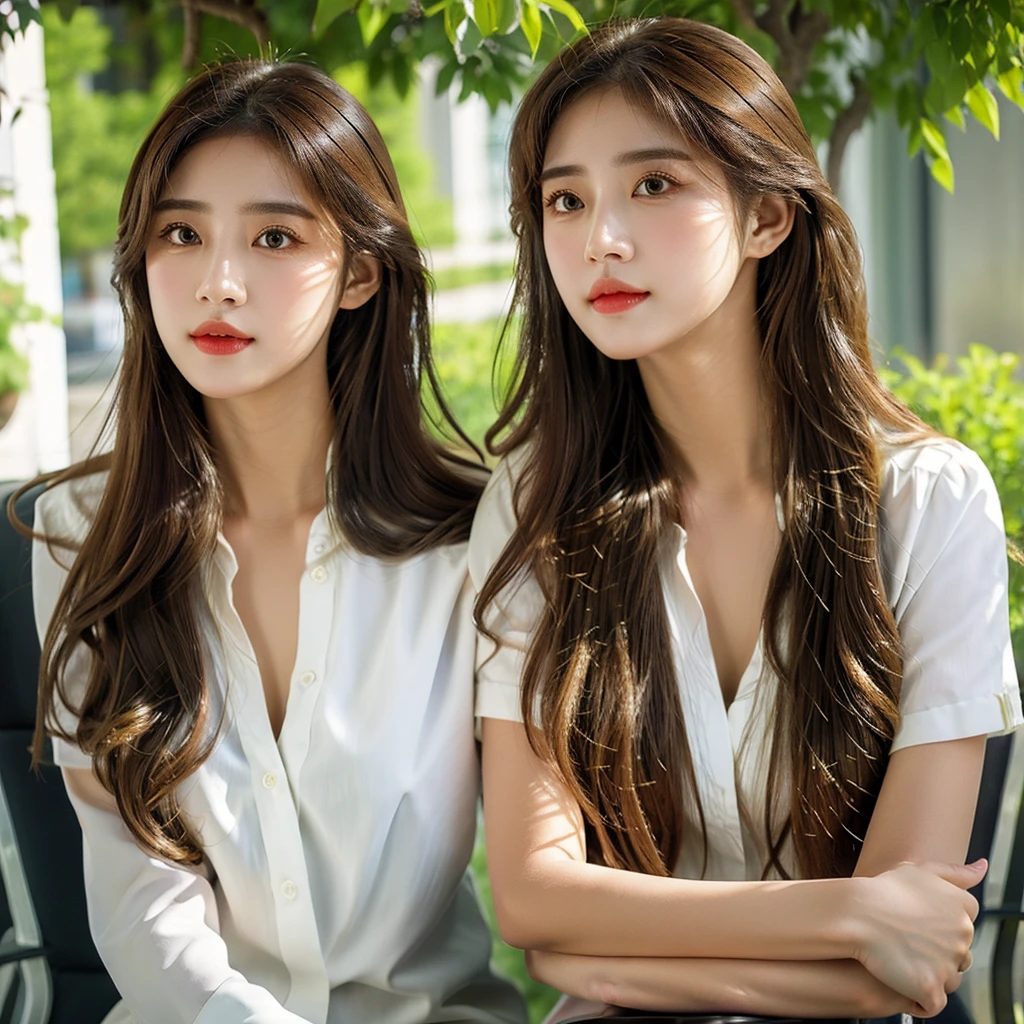 (masterpiece, best quality:1.2), 1girl, (full body 2), zoom out , solo, beautiful detailed eyes, beautiful detailed lips, extremely detailed face and portrait, long eyelashes, young woman, serene expression, flowing hair, outdoor office, lush greenery, sunlight, warm color tones, cinematic lighting, photorealistic