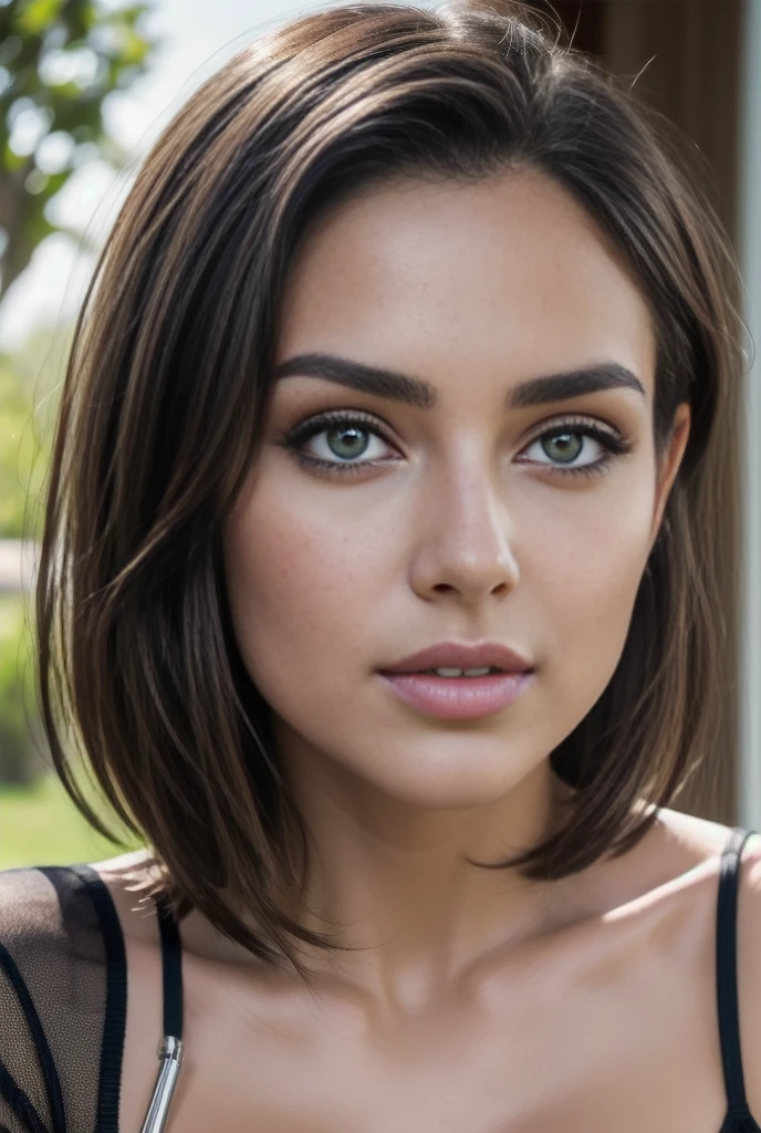 gros plan brune de 25 ans, Very detailed face, seductive green eyes, mysterious, sourire timide, short hair, photo realistic, photo professionnelle, 4k, High resolution, Very detailed, photo de composition parfaite, Photo brute, seins normaux, face au spectateur, regarder le spectateur, real, high detail, best quality, portrait of irina meier, sweat shirt