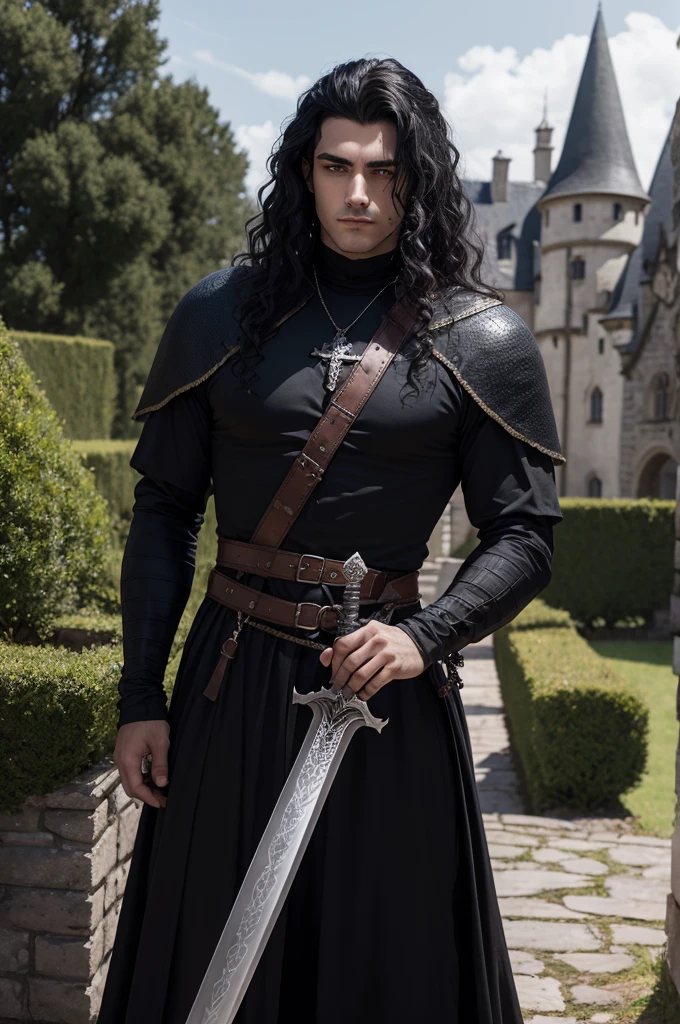 Dark fantasy realista de um homem de 20 anos. He has black curly hair, shaved beard, eyes black, skin fair, wears black medieval clothing, with a castle made of gray stones and a garden in the background. The man holds a sword and has a serious look
