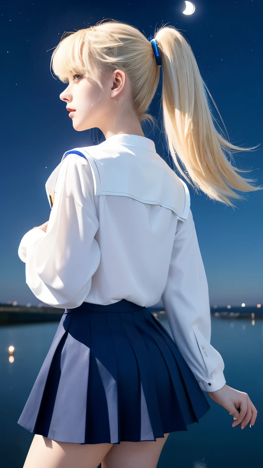 I see a white moon shining in the distant sky、Sailor Moon standing on a reflective surface. Her skirt is blue、The tops are white and blue. Her blonde hair is in two very long ponytails.