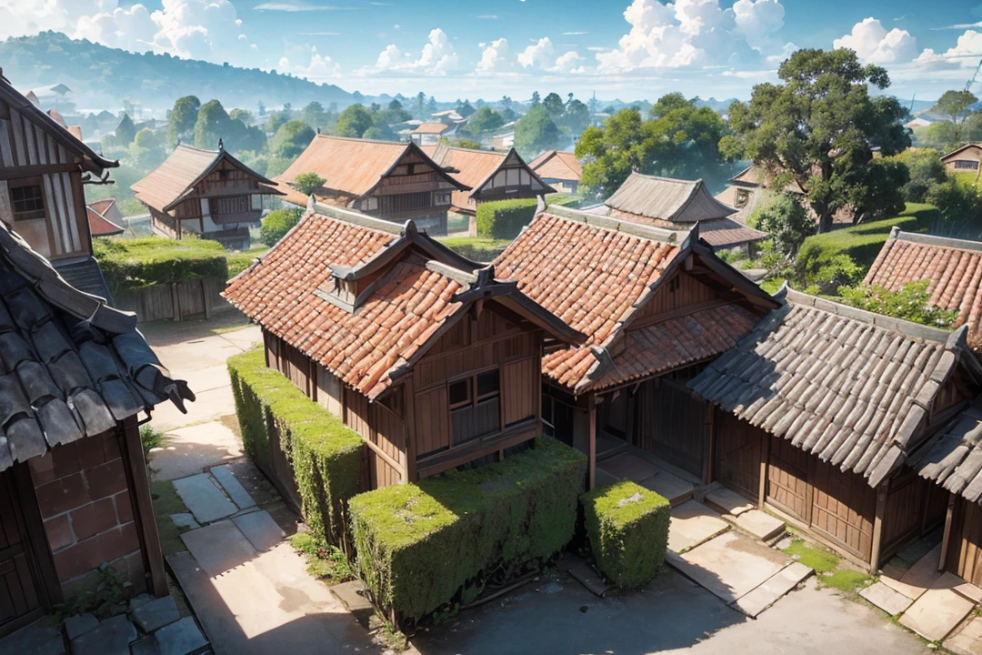 Balinese traditional village that made out of carved stone & Brick, consists of red Brick and gray carved vulcanic rock, With a bit of Moss on it and traditional balinese roof that made of dark brown hay, Surrounded by bayan tree Forrest. Change the sunny Bright sky into dark, thrilling Columbus cloud with some thunder. (Keep the original house stay intact) Anime style, cinematic lightning (enhanced details) (view from above revealing the entire village house)