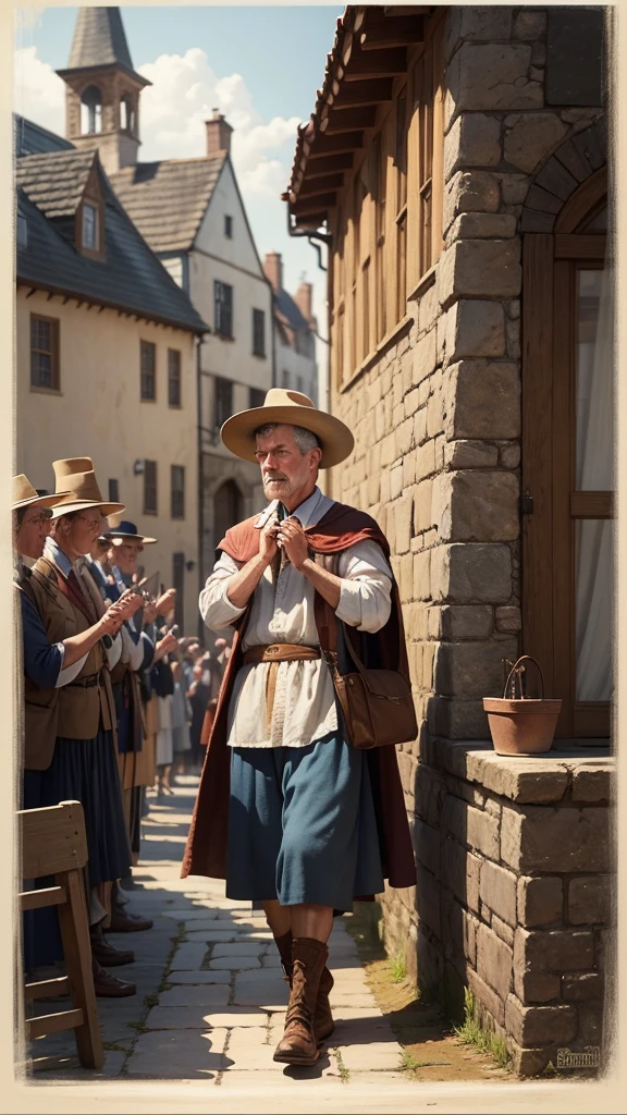 The townspeople cheer and thank Sam, who humbly brushes off the praise.
[Voiceover]: "Though he was humble, the townspeople saw Sam as their hero."