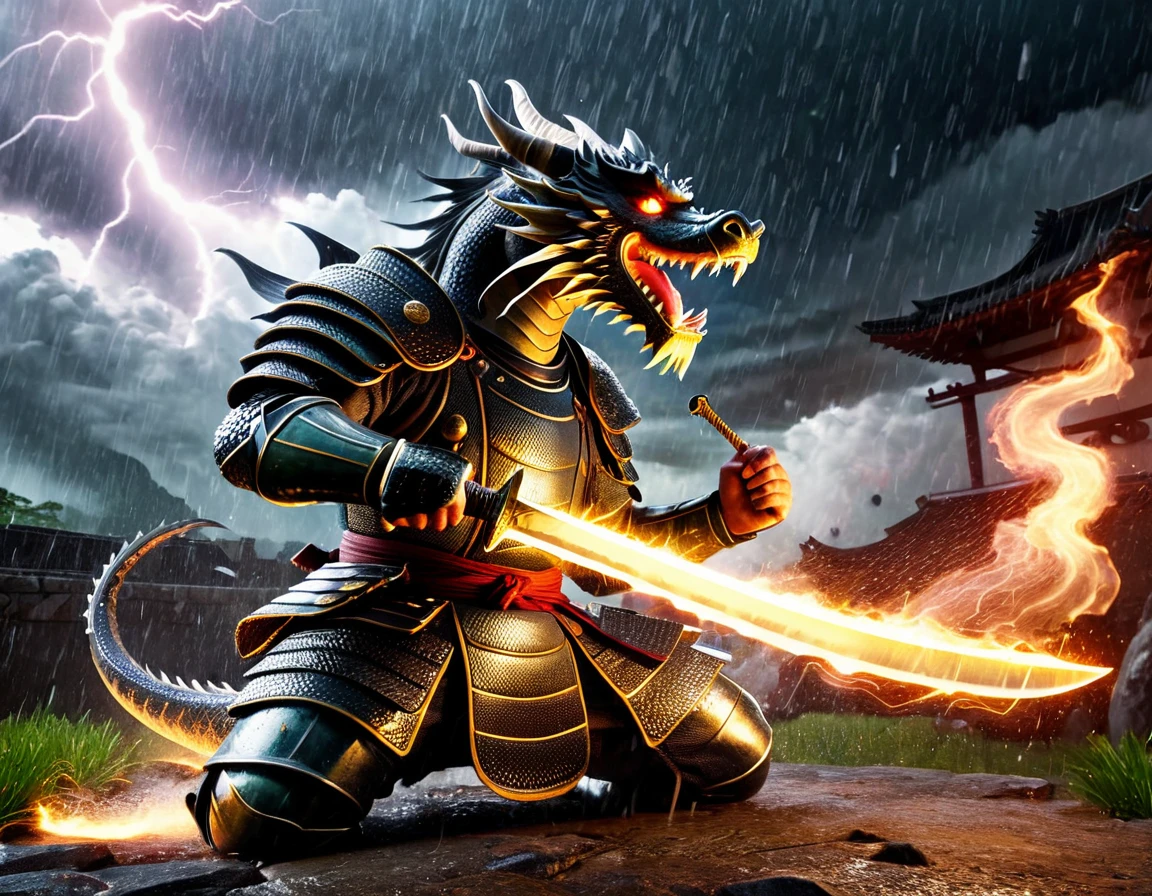 A dramatic and intense scene of a fierce battle between a samurai and a dragon. The samurai, clad in detailed traditional armor, wields a gleaming katana, ready to strike. The dragon, with its scales and menacing features, roars and breathes fire, creating a sense of chaos. The background is stormy, with dark clouds, lightning, and rain adding to the epic atmosphere. The entire scene is filled with dynamic action and high tension, capturing a moment of legendary combat.