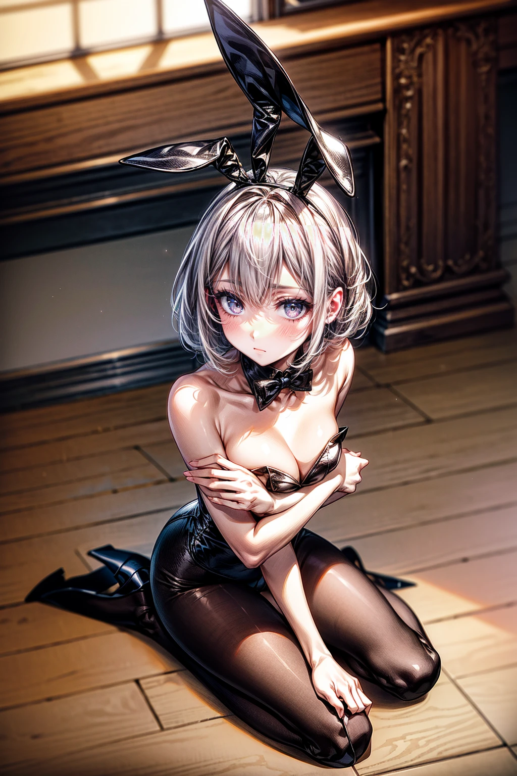 Highest quality、(Bunny girl)、tights、High heels、Glossy Bunny Suit、((Put on the floor))、((Put your face on the floor))、((Bend your elbows and place your hands on the floor))、((Attach your elbows to the floor))、Attach the chest to the floor、Place your knees on the floor、(Spread your knees wide from side to side)、Lift your heels off the floor、Fold your arms in front of your face、No background、Silver short hair、Beautiful Eyes、Beautiful Face、Delicate eyes