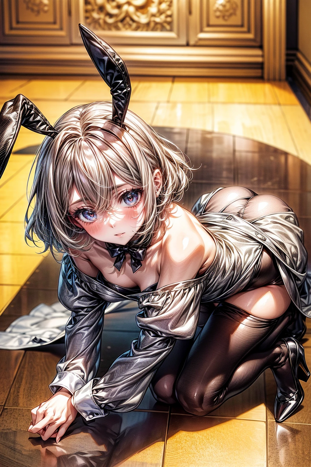Highest quality、(Bunny girl)、tights、High heels、Glossy Bunny Suit、((Put on the floor))、((Put your face on the floor))、((Bend your elbows and place your hands on the floor))、((Attach your elbows to the floor))、Attach the chest to the floor、Place your knees on the floor、(Spread your knees wide from side to side)、Lift your heels off the floor、Fold your arms in front of your face、No background、Silver short hair、Beautiful Eyes、Beautiful Face、Delicate eyes