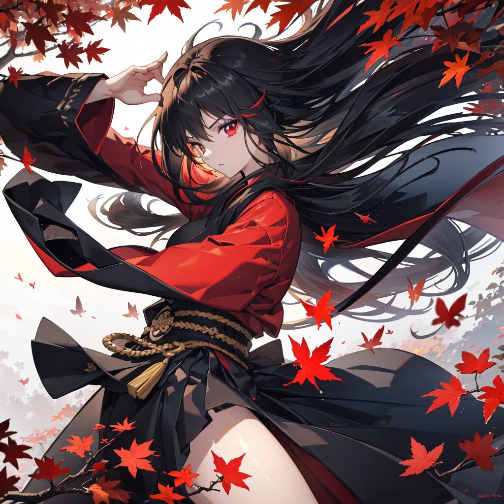 ((blackい髪 Long Hair black military commander One person Lonely Red Flag Eye patch)) ((night Japanese style old Shining Aura)) (dance Burning Blade Shining Japan sword Hold the sword with your right hand Hold the sheath in your left hand Pull it out as it is) moon star Draw your sword Slashing Catch the wind printing A tense face ability kimono Red shiny edges Reflection of the sword water surface autumn Maple Red butterfly in the forest