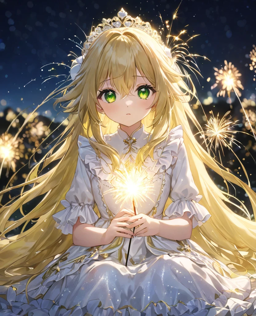 (masterpiece, best quality:1.2), (absurdres, highres, ultra-detailed), (perfect anatomy),
Cute Girls、Sitting、Holding it facing down、Sparkler、Blonde、Fluffy longhair、Yellow-green eyes、Background glitter、night、heart、White frilly dress
(8K, RAW photo:1.2),detailed face and eyes,intricate detail ,masterpiece ,sharp focus, high quality,BREAK,rating: general, newest