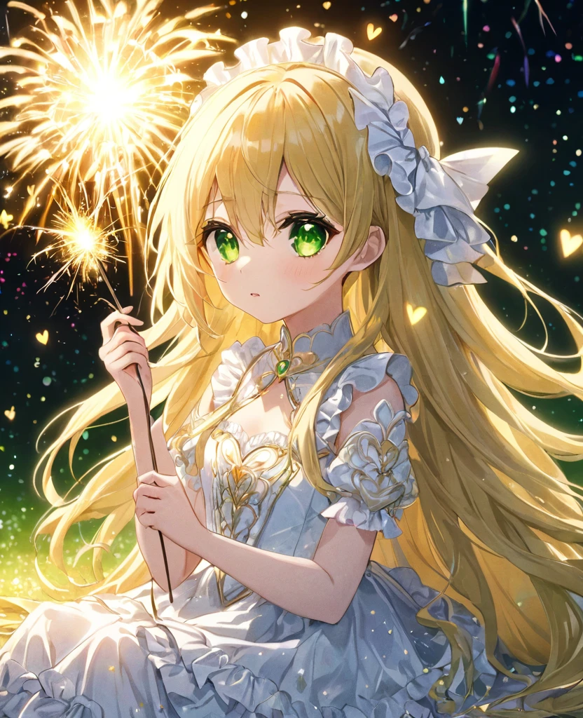 (masterpiece, best quality:1.2), (absurdres, highres, ultra-detailed), (perfect anatomy),
Cute Girls、Sitting、Holding it facing down、Sparkler、Blonde、Fluffy longhair、Yellow-green eyes、Background glitter、night、heart、White frilly dress
(8K, RAW photo:1.2),detailed face and eyes,intricate detail ,masterpiece ,sharp focus, high quality,BREAK,rating: general, newest