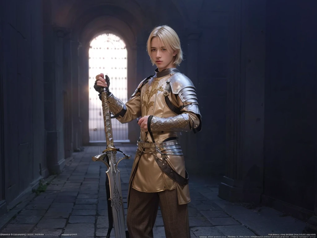 a man, dirty blonde hair, knight outfit holding a sword