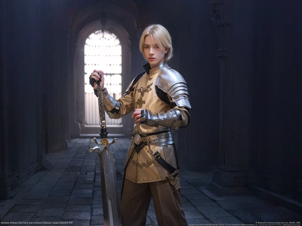 a man, dirty blonde hair, knight outfit holding a sword