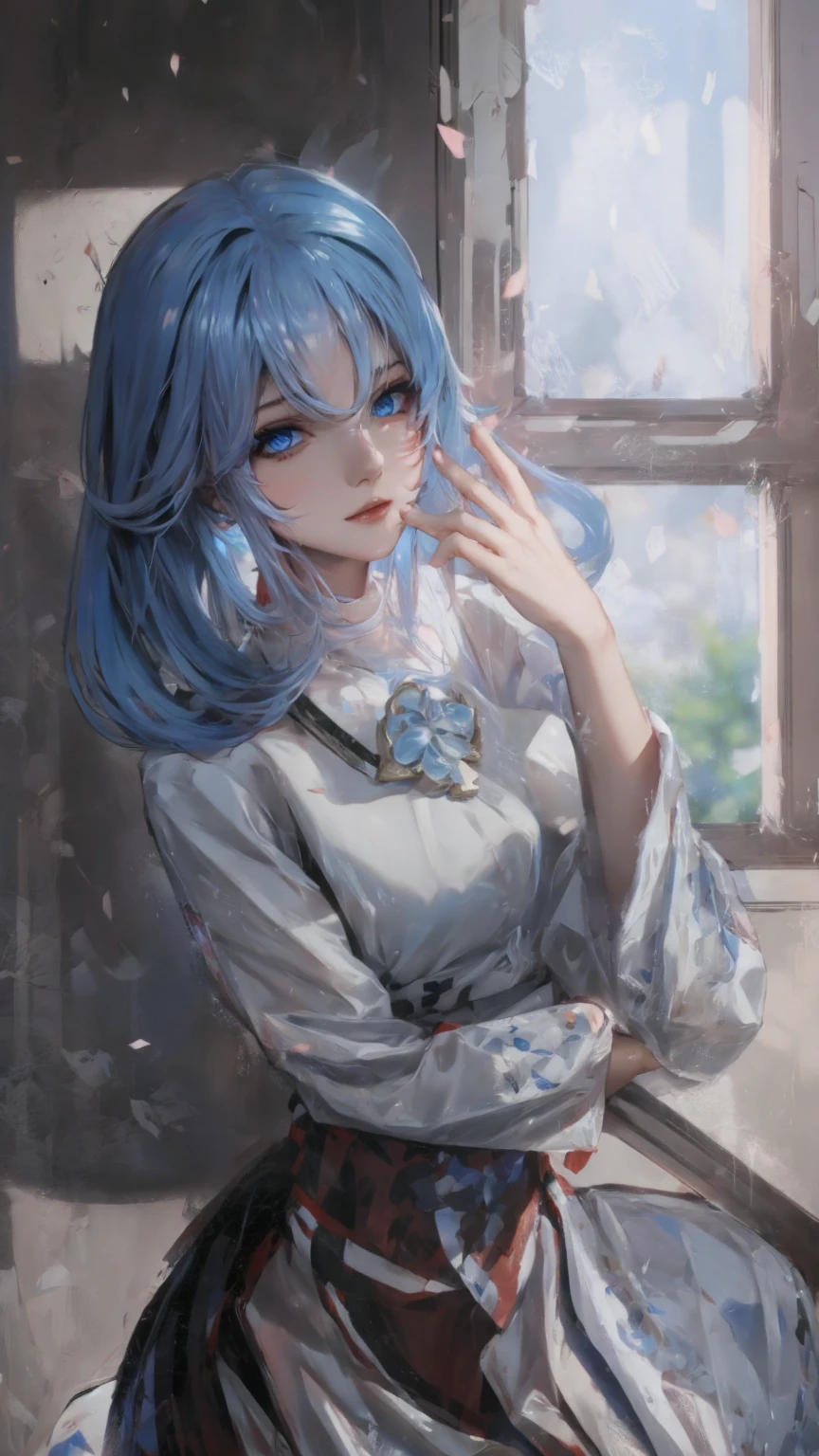 Pretty, hair blue, blue eyes, uniform