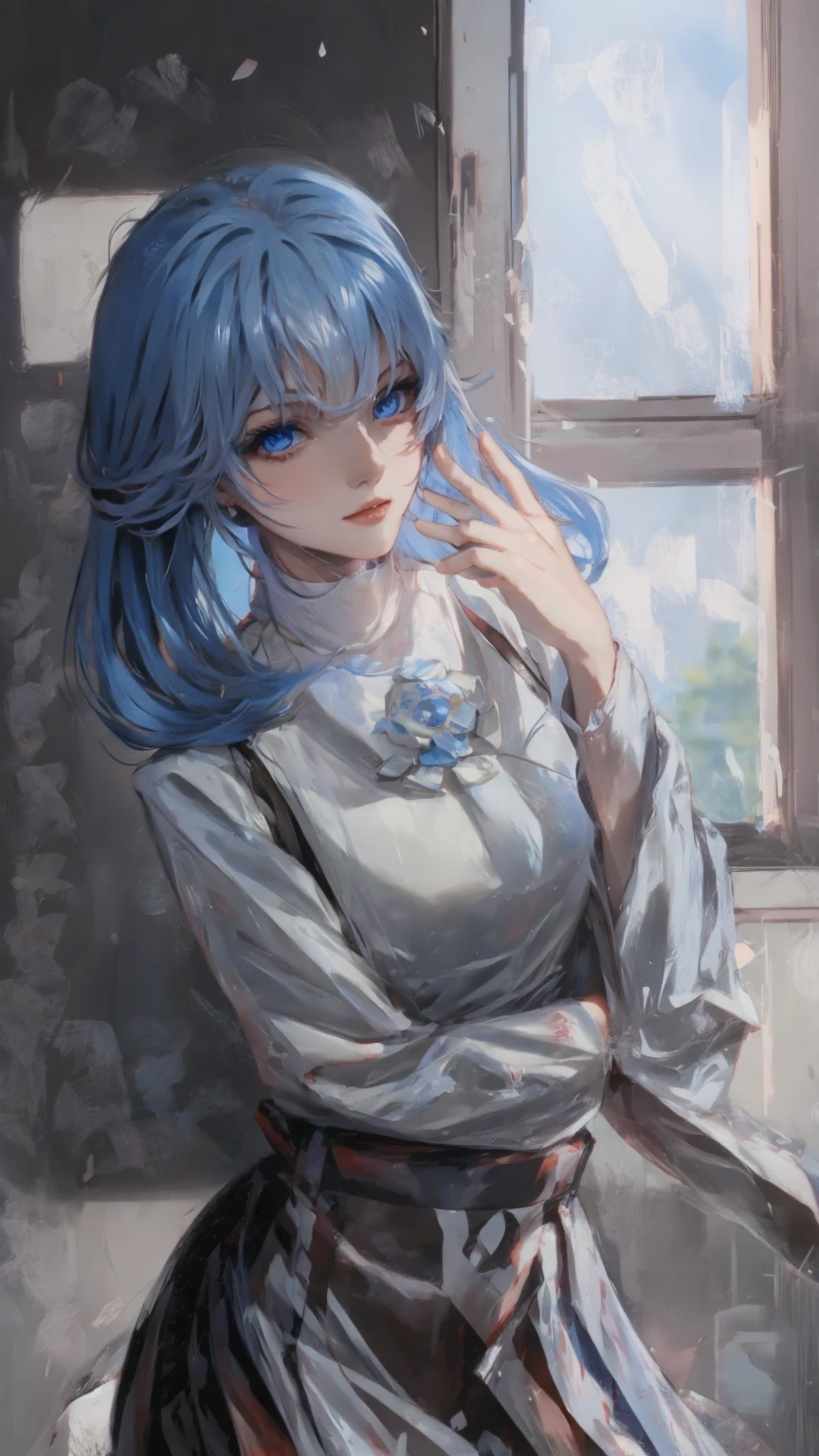 Pretty, hair blue, blue eyes, uniform