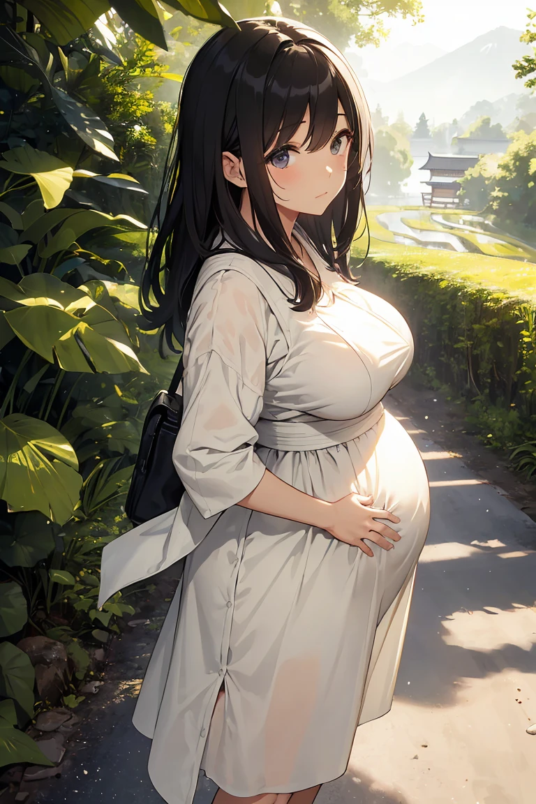 masterpiece, Highest quality, Super detailed, Best Shadow, Beautifully detailed face,  High Contrast,Modern Japan、A beautiful 40-year-old pregnant woman wearing a long white skirt dress. Walking along a Japanese country road surrounded by rice fields. Big breasts. Big butt. Saggy breasts. Short black hair. Sunny weather. buzzer. Sweat. Beige underwear showing through. Gentle expression. Hands clasped behind the back. Barefoot.