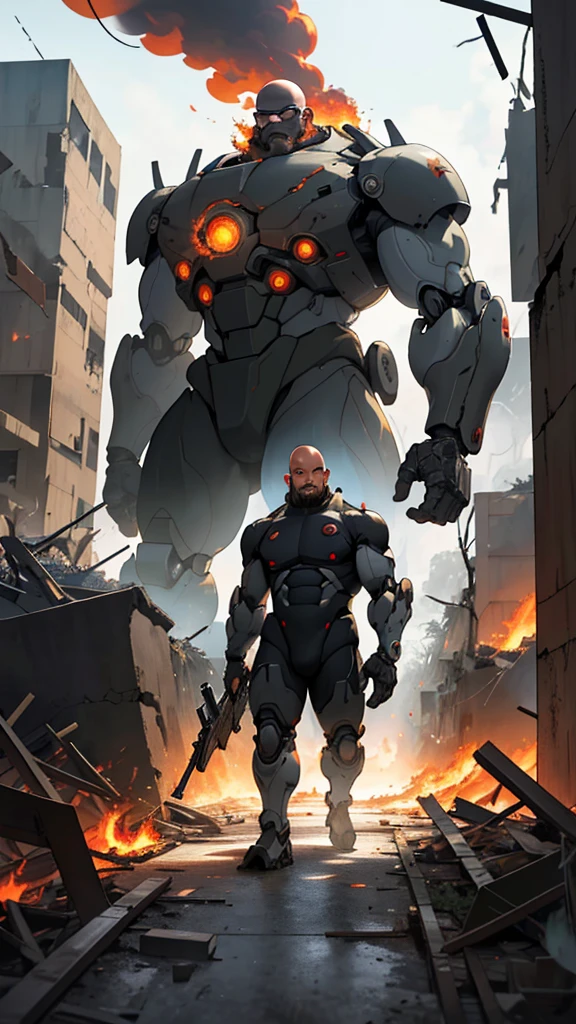 A bald head obese Indonesian man with glasses and clean face, wearing a full body mecha suit, walks holding a rifle amidst war-torn ruins filled with fire. This photo's creativity captivates by blending traditional and futuristic elements, creating a striking and meaningful visual.
