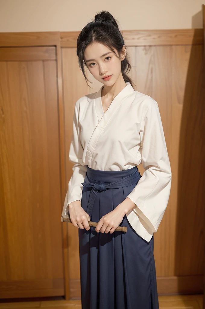 (((best quality))),(((ultra detailed))),(((masterpiece))),illustration,1girl,solo,short ponytail,slim,thin,small breasts,flat chest,white collar,white kendogi,three-quarter sleeves,maxi navy-blue kendo hakama,slender legs,standing in kendo gym,(holding a bokuto:1.3),arms behind back,focused and determined expression,ready for challenge,slender and elegant face,confident and resilient,fair skin,blush,neat teeth,bright smile,clean and tidy uniform,wooden gym floor,wall,pine scent,standard grip,ready to slice through obstacles,strong belief,determination,spirit of resilience,admiring,from front,full body,bare feet
