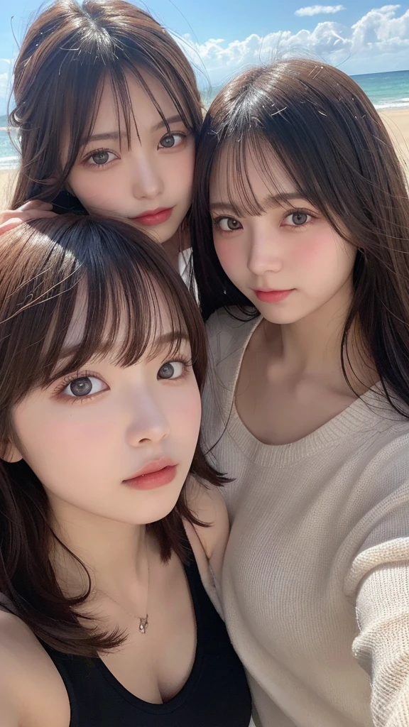 2 girls, 17yo,masutepiece, Best Quality, Illustration, Ultra-detailed, finely detail, hight resolution, 8K Wallpaper, Perfect dynamic composition, Beautiful detailed eyes, Natural Color Lip,Beach, Random and cute poses, selfie photo