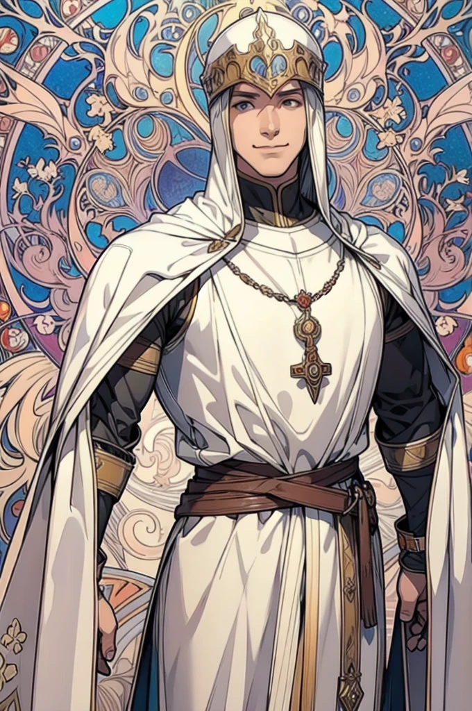 muscular man with a full view,poses,Arcaniic smile,background white,(Medieval soldier),(Mucha in the background)