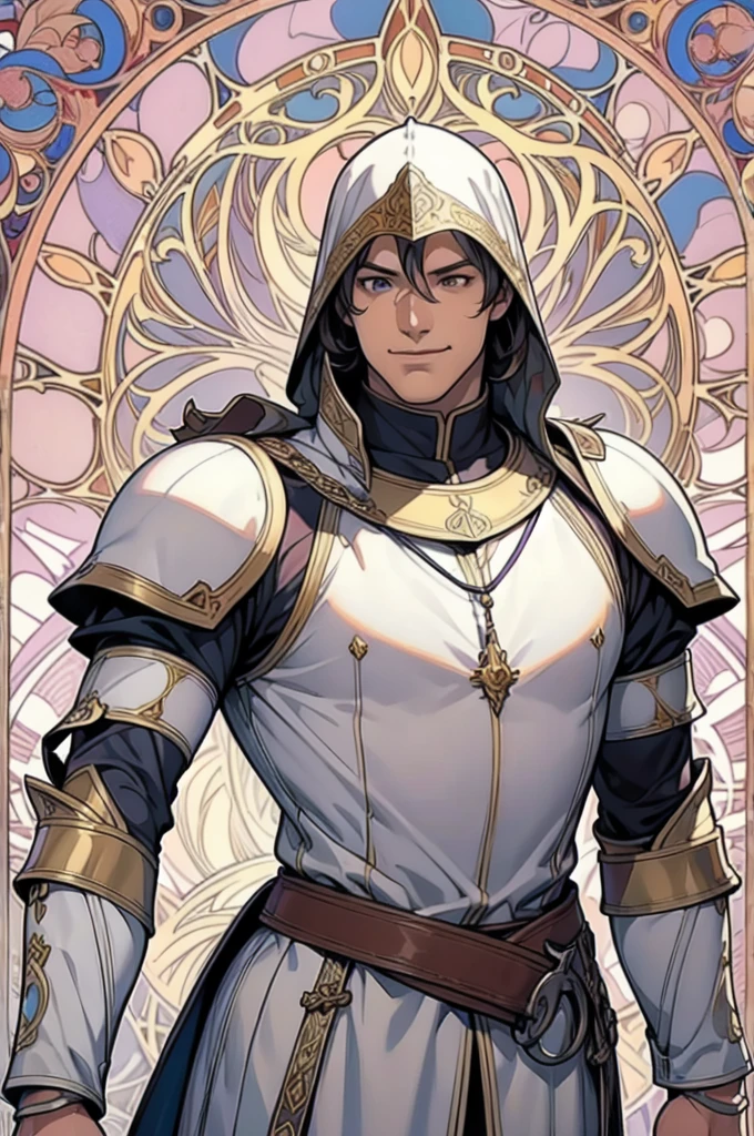 muscular man with a full view,poses,Arcaniic smile,background white,(Medieval soldier),(Mucha in the background)