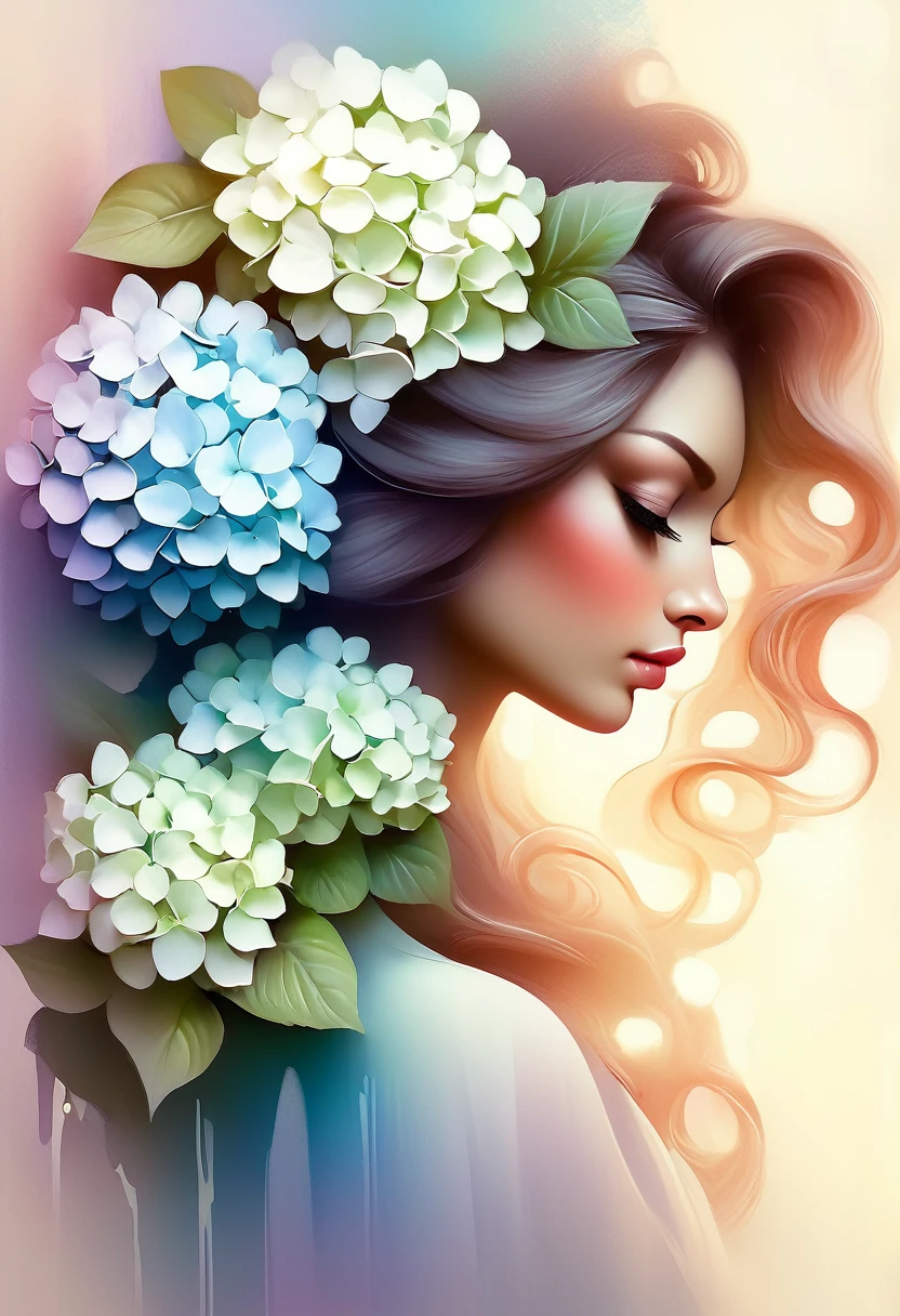 A painting of a beautiful woman in profile with long hair and a hydrangea in her hand, Beautiful digital illustrations, Beautiful artwork illustration, Amazing digital illustrations, Beautiful digital artwork, Inspired by Anna Dittman, Amazing digital art, Exquisite digital illustrations, Anna Dittmann's Style, Beautiful digital art, beautiful Amazing digital art, very Beautiful digital art, Beautiful fantasy art portraits