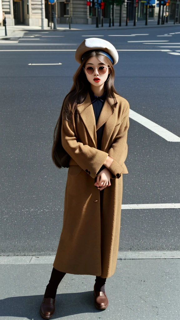 One girl,Cute Asian,Brown Hair,masterpiece,Textured skin,high quality,Surrealism,Put on a beret,In the afternoon,On a street corner,Wear brown sunglasses
